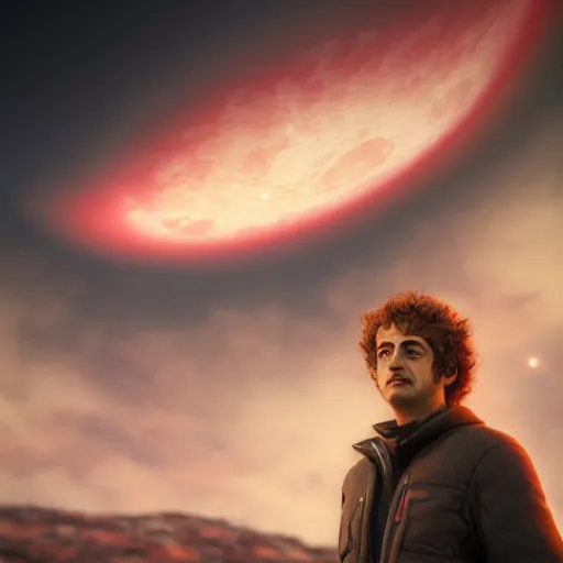 Prompt: gustavo cerati looking at the red moon in the universe, universe, stars, digital art, render unreal engine, octane render, highly detailed face, asymmetrical