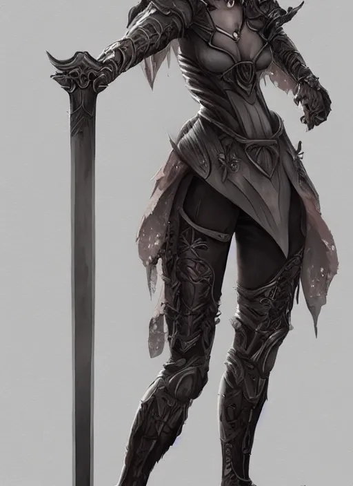 Image similar to full body portrait of a barefoot vampire swordswoman wearing heavy plate armor, real human feet, barefoot, two - handed sword, lithe, athletic, beautiful, enchanting, elegant, detailed, anatomically accurate, reasonable fantasy, in the style of guweiz, z. w. gu on artstation, 4 k.