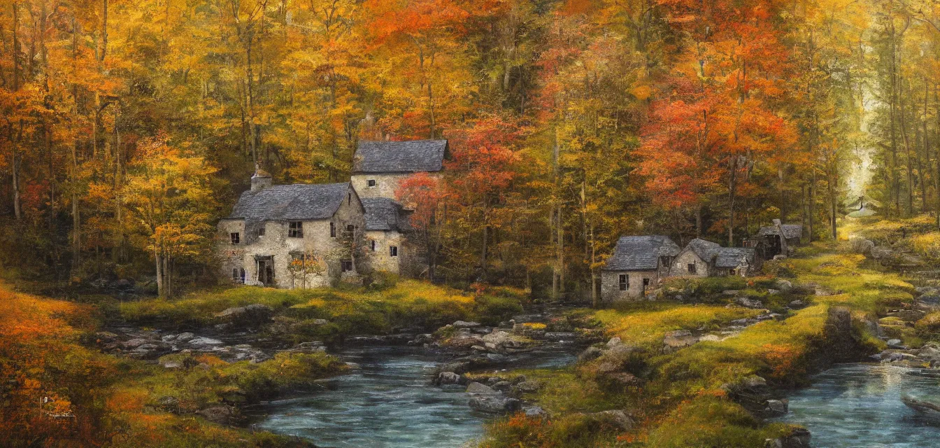 Image similar to a painting of sparse stone cottages underneath a dense tall forest, with pristine reflex from cascading ponds. gorgeous, elegant, sophisticated, an ultrafine painting, intricate brush strokes, bright depth oil colors, photography by araken alcantara. intense promiseful happiness, autumn sunrise warm light, detailed and intricate environment. hopeful. bodyscapes