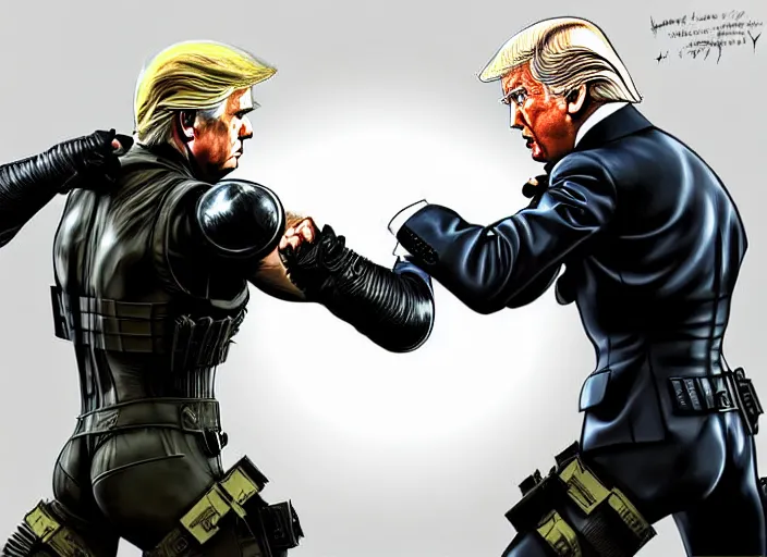 Image similar to donald trump and joe biden fighting in metal gear solid, digital art, trending on artstation, highly detailed, illustration, concept art, elegant, beautiful, masterpiece