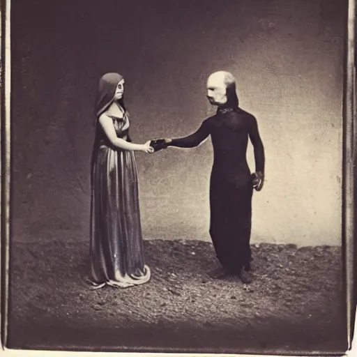 Image similar to A daguerreotype photograph of a gray alien shaking hands with Cleopatra.