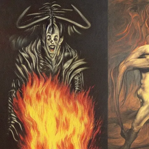 Prompt: ellen degeneres as the devil, pure evil, demonic background, surrounded by flames painted by hr giger, francisco goya, francis bacon, trending on artnet