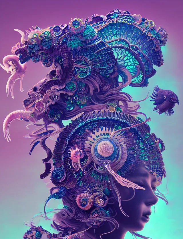 Image similar to 3 d goddess close - up profile solarpunk portrait ram skull. beautiful intricately detailed japanese crow kitsune mask and clasical japanese kimono. betta fish, jellyfish phoenix, bio luminescent, plasma, ice, water, wind, creature, artwork by tooth wu and wlop and beeple and greg rutkowski