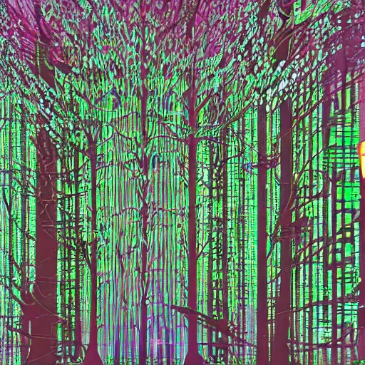 Prompt: a cybernetic forest all watched over by machines of loving grace