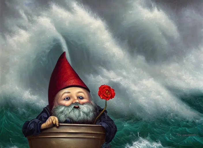 Prompt: a terrified garden gnome sailing in a bucket, background of raging ocean with huge waves on a stormy day with dramatic thunderhead clouds, an ultrafine detailed painting by mark ryden, trending on deviantart, pop surrealism, whimsical, lowbrow, rainy, perfect symmetrical face