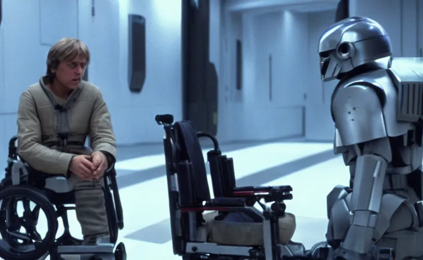 Image similar to cinematic still image screenshot portrait luke skywalker in cybernetic wheel chair talking to a lonely droid, from the tv show on disney + anamorphic lens, photo 3 5 mm film kodak from empire strikes back crisp 4 k imax