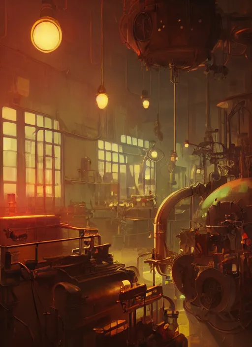 Prompt: beautiful interior of a small steampunk factory, artgerm, james gilleard, delphin enjolras, goro fujita, makoto shinkai, paul lehr, exquisite lighting, octane render, very coherent, trending on artstation