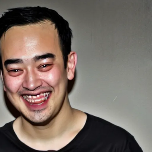 Prompt: joji grinning at the camera with his head being slightly tilted to the right, lots of grain, red reflection in eyes, dark pitch black background.
