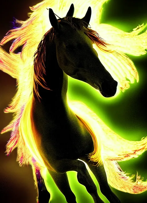 Prompt: flaming horse, psycho stupid fuck it insane, looks like pegasus but cant seem to confirm, cinematic lighting, psychedelic photoluminescence experience, various refining methods, micro macro autofocus, ultra definition, award winning photo, to hell with you, devianart craze, photograph taken by michael komarck
