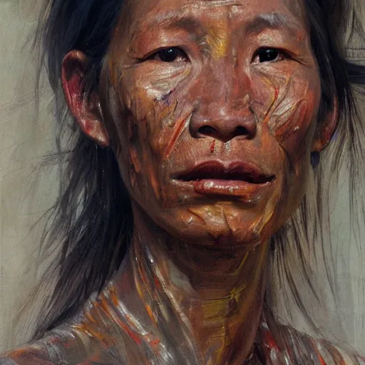 Image similar to high quality high detail painting by jenny saville, hd, a skinny beautiful kayan female tribe leader, hair in wind, photorealistic lighting