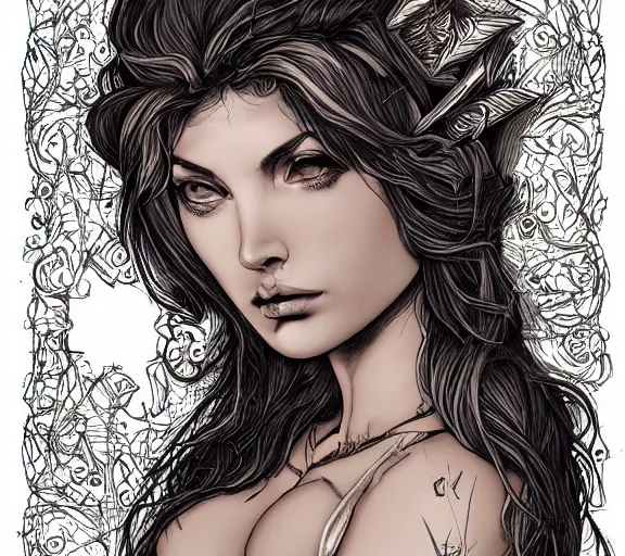 Image similar to damsel in distress, deep focus, intricate, beautiful, highly detailed, digital art, medium shot, bust, tight fit, art by logan cure, elias chatzoudis, trending on deviantart