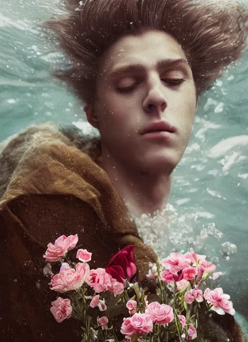 Image similar to Kodak Portra 400, 8K,ARTSTATION, Caroline Gariba, soft light, volumetric lighting, highly detailed, britt marling style 3/4 , extreme Close-up portrait photography of a Dorian Electra hiding in flowers how pre-Raphaelites with his eyes closed,inspired by Ophelia paint, his face is under water Pamukkale, face above water in soapy bath tub, hair are intricate with highly detailed realistic , Realistic, Refined, Highly Detailed, interstellar outdoor soft pastel lighting colors scheme, outdoor fine photography, Hyper realistic, photo realistic