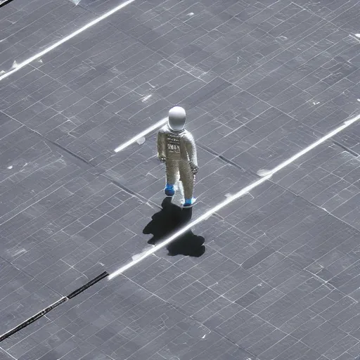 Image similar to man in silver space suit, walking on an industrial catwalk, suspended in the darkness of space, 4 k photograph, isometric view