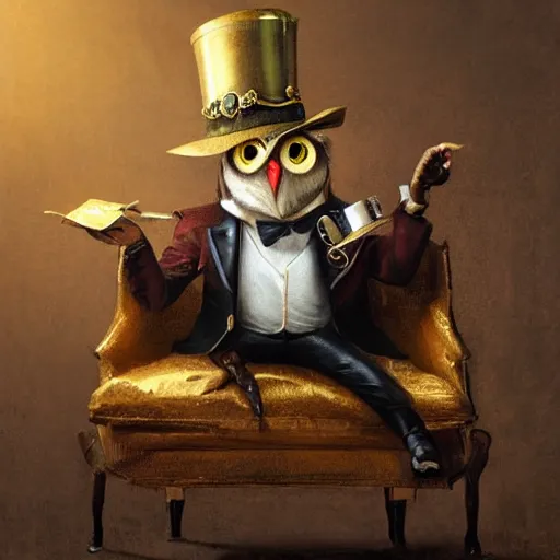 Image similar to oil painting of grumpy rich steampunk owl sitting in fancy chair, wearing top hat, holding gold watch, steampunk factory background, sharp focus, fantasy style, octane render, volumetric lighting, 8k high definition, by greg rutkowski, highly detailed, trending on art Station, magic the gathering artwork, centered, deviantart,