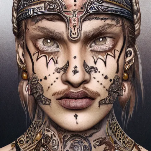 Image similar to a detailed portrait of desert warrior with face tattoos, fantasy art illustration, incredibly highly detailed and realistic, 8 k, sharp focus