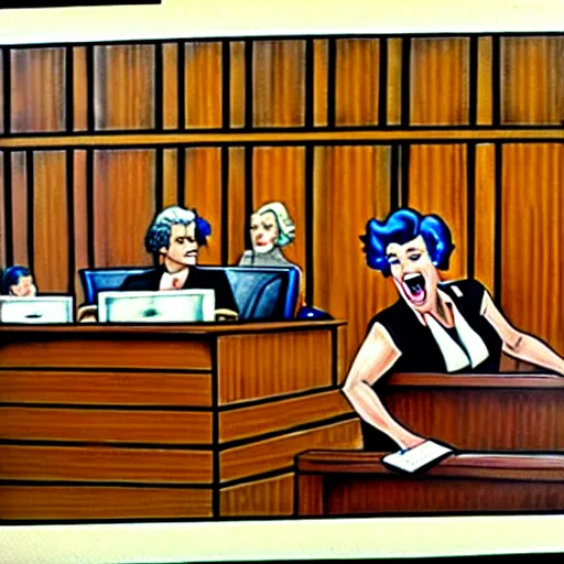 Image similar to [ prompt ridiculous courtroom scene drawn by marilyn church ]