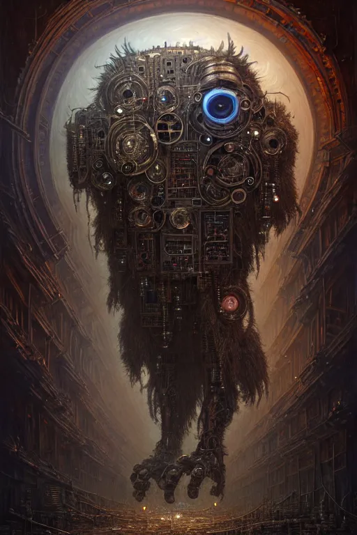 Image similar to A photo of a robot monster cyborg made of circuits wide view shot by ellen jewett , tomasz alen kopera and Justin Gerard, symmetrical features, ominous, magical realism, texture, intricate, ornate, royally decorated, android format, windows, many doors, roofs, complete house , whirling smoke, embers, red adornments, red torn fabric, radiant colors, fantasy, trending on artstation, volumetric lighting, micro details, 3d sculpture, ray tracing, 8k
