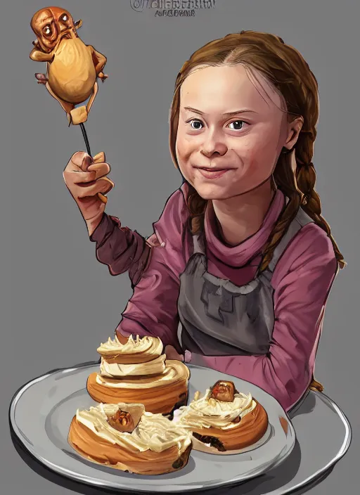 Image similar to greta thunberg as a medieval goblin eating cakes, detailed digital art, trending on Artstation