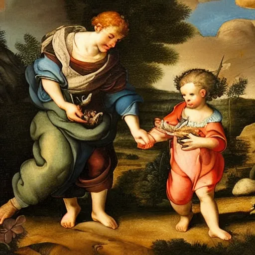 Prompt: an oil painting of a young tobit carrying a fish, walking and holding hands with an angel, full size, very detailed, beautiful landscape background, by carlo maratta