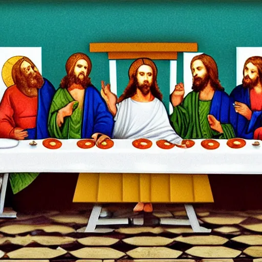 Image similar to jesus christ the last supper pizza party