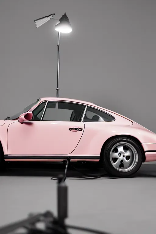 Image similar to Portrait of a light pink Porsche 911 Carrera 3.2 under a studio lamp in a dark room, photoshoot for vogue magazine.