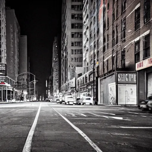 Image similar to color photograph, highly detailed abandoned New York city street at night after the war between humans and AIs, natural light, film grain, soft vignette, sigma 85mm f/1.4 1/10 sec shutter, film still promotional image, IMAX 70mm footage