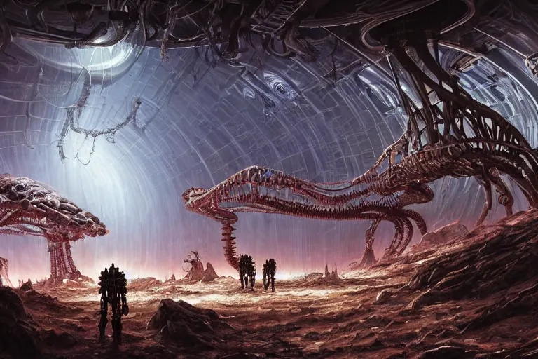 Image similar to Epic science fiction cavescape. In the foreground is soldiers in battle-armor searching, in the background alien machinery and alien eggs. The skeleton of a gigantic alien machine creature is between them. Stunning lighting, sharp focus, extremely detailed intricate painting inspired by H.R. Giger and Simon Stalenhag