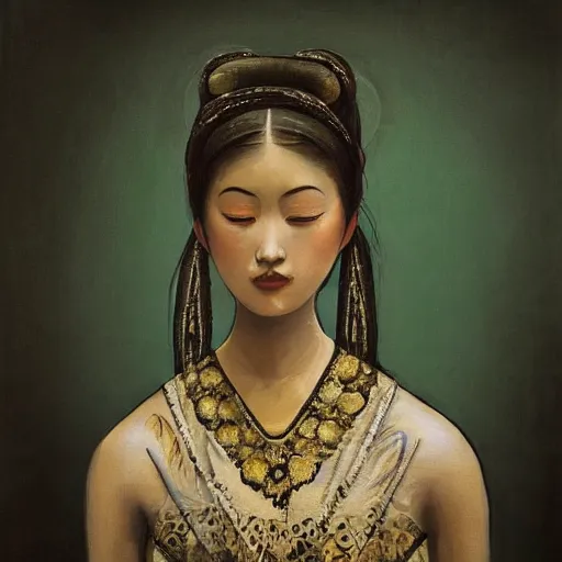 Image similar to “a painting of a beautiful female figure adorned with a dress created by calligraphic flourishes, ambient occlusion, ultra detailed, soft facial features, geometric array of shapes fading into the background, shallow depth of field, bokeh, gradient subtle shadows, monochromatic color scheme, pops of color, pastel tones, hd”