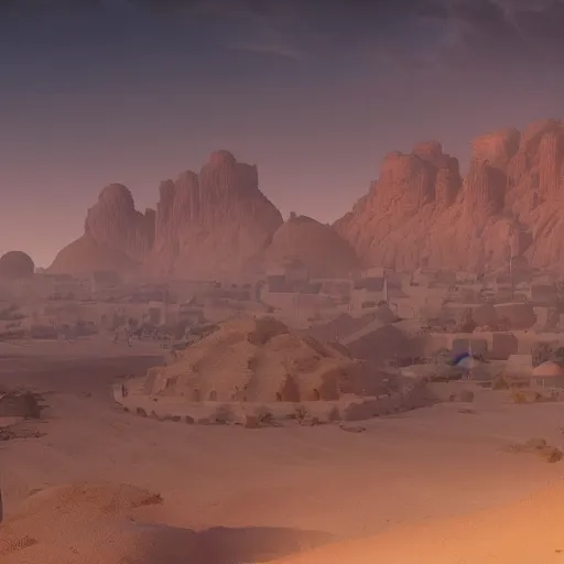 Image similar to a distant desert village, artstation, cgsociety