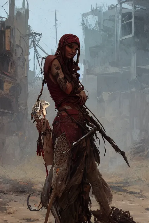 Image similar to a full body portrait of a beautiful post apocalyptic offworld butchers district bedouin blind pulp fiction scarlet wild rogue barbarian leper begging by the roadside, intricate, elegant, highly detailed, digital painting, artstation, concept art, smooth, sharp focus, illustration, art by krenz cushart and artem demura and alphonse mucha