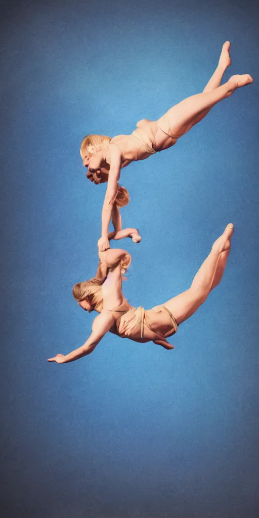 Prompt: painting of a short hair blond girl doing Aerial dance, blue cloth, cosmic, 8k, volumetric light