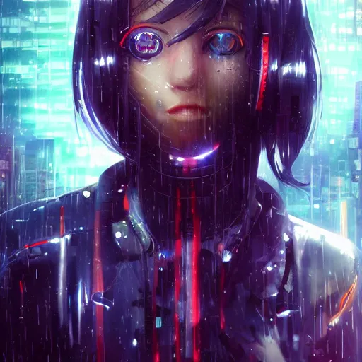 Image similar to beautiful cyborg girl!!!, rainfall!!, water refractions!!, black long hair!, colorful reflective eyes, full round face!, biomechanical details, digital cyberpunk anime!! art, full body!!!, mid - shot, reflections, wlop, ilya kuvshinov, artgerm