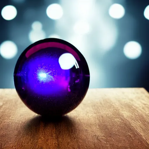 Prompt: A reflective crystal ball sitting on a table, glowing background lights, moody, magic, by Michael Kincade