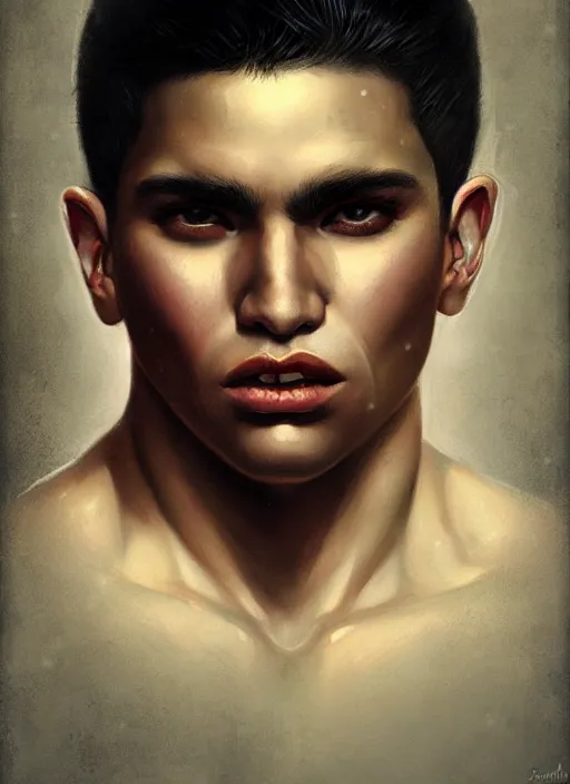 Image similar to portrait of a young latino tough guy, art by manuel sanulian and tom bagshaw