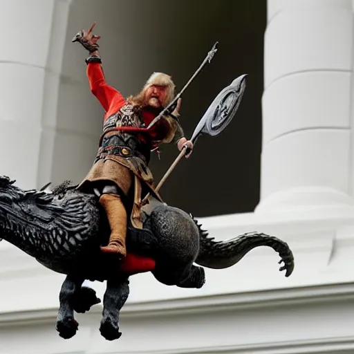 Prompt: a viking flies aboard a dragon over the white house, in his hands he holds the severed head of donald trump