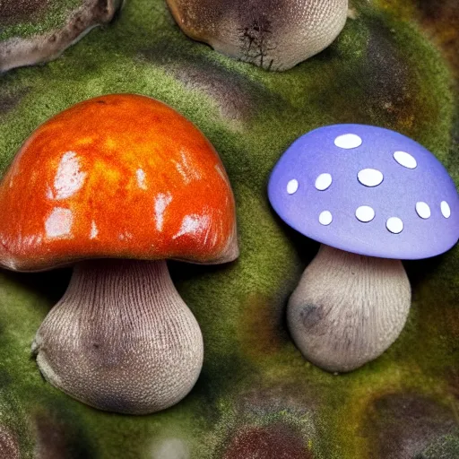 Image similar to macro photo with a singular mushroom character with cute eyes and mycelium, very close to real nature, natural colors and natural surroundings, painted patterns and coloring on mushrooms, 8K, highly detailed, cartoon