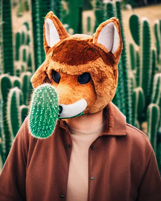 Image similar to portrait photo headshot still of a fursuit, 8 k, 8 5 mm f 1. 8, fursuit, made fur you, don't hug cacti