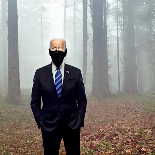 Prompt: joe biden standing ominously far in the foggy woods with a demonic wide smile in his face in the new horror movie, creepy