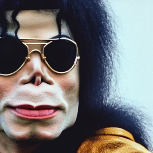 Image similar to michael jackson 2 0 0 9 wearing shades, alone, this is it style, photo real, pores, motion blur, sitting with bubbles the chimp window open, real life, spotted, ultra realistic face, accurate, 4 k, movie still, uhd, sharp, detailed, cinematic, render, modern