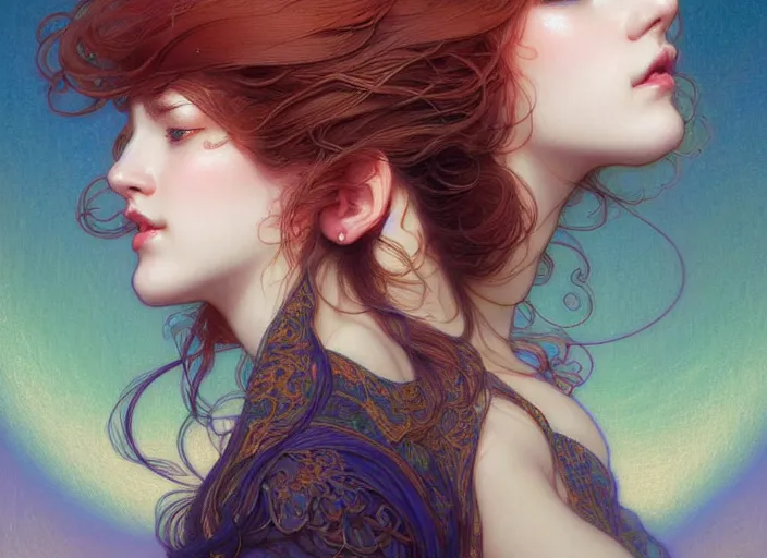 Prompt: portrait of 3 women with flowy hair, confident pose, pixie, genshin impact, intricate, elegant, sharp focus, soft bokeh, illustration, highly detailed, concept art, matte, trending on artstation, bright colors, art by wlop and artgerm and greg rutkowski, mucha, giger