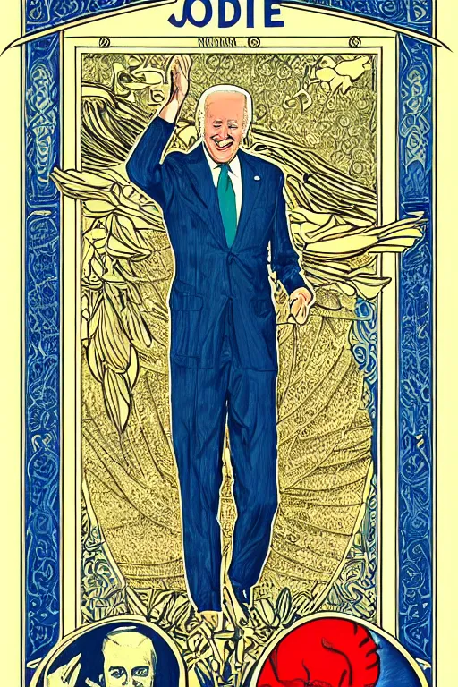 Prompt: joe biden tarot card art deco, art nouveau, by walter crane, by mark maggiori, trending on artstation