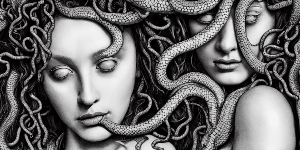 Image similar to realistic portrait of beautiful medusa with her snakes, golden, delicate, facing camera, hyper realism, 1 4 5 0, ink, ultra realistic, 8 k