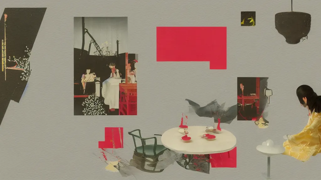Prompt: a small tea setting, japan, a collage painting, in the style of wes anderson, lola dupre, david hockney, isolated on negative white space background dark monochrome neon spraypaint accents volumetric octane render