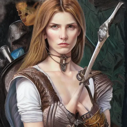 Image similar to high quality high detail portrait of a young gorgeous female warlock, fantasy, d & d, painting by lucian freud and mark brooks, hd