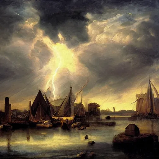 Image similar to oil painting of medieval harbour, storm clouds, sunrays, very very very very very beautiful bright art, american romanticism by goya, medieval castle, burning fires, colorful masterpiece, realistic and detailed, striking digital painting