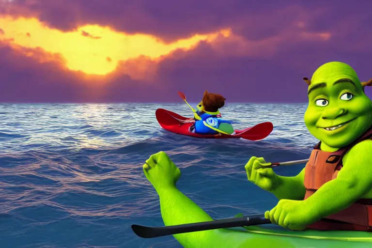 Image similar to a photo of shrek and sonic kayaking in the ocean during a beautiful sunset, photorealistic, hd, 8 k