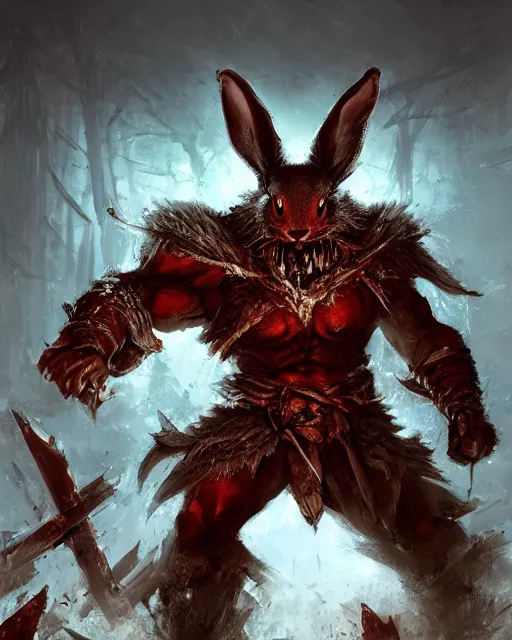 Prompt: Rabbit Berserker, rage, maniac, war paint, red, Khorne, magic the gathering artwork, D&D, fantasy, cinematic lighting, centered, symmetrical, highly detailed, digital painting, artstation, concept art, smooth, sharp focus, illustration, volumetric lighting, epic Composition, 8k, art by Akihiko Yoshida and Greg Rutkowski and Craig Mullins, oil painting, cgsociety