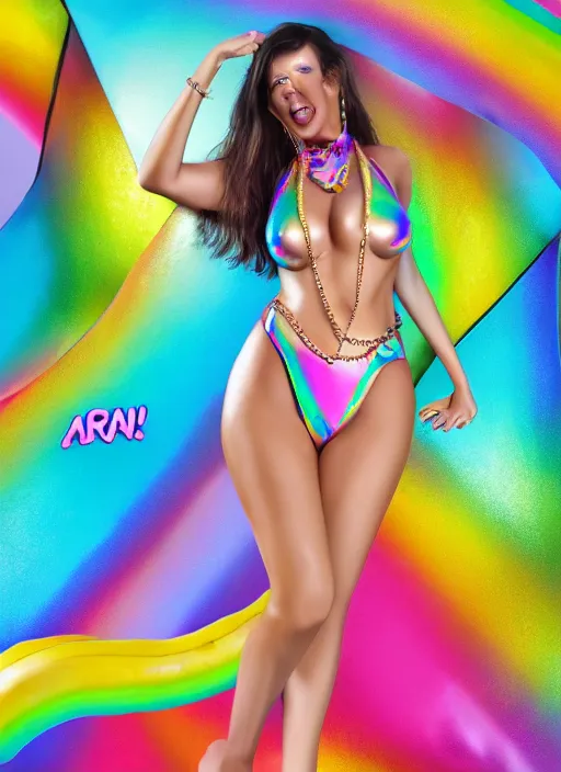 Image similar to full body digital artwork of a banana, wearing iridescent rainbow latex bikini, 4 k, expressive happy smug expression, makeup, in style of mark arian, wearing detailed pink leather collar, wearing chains, detailed face and eyes,