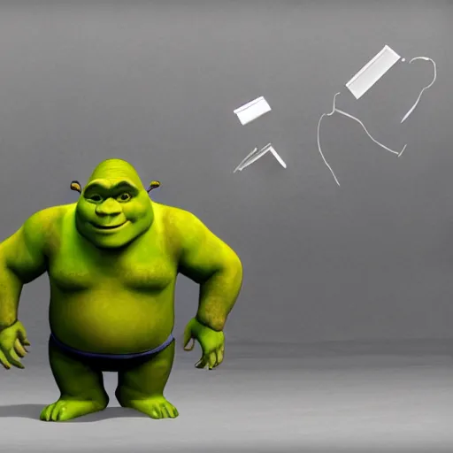 Image similar to shrek fighting a computer, half body shot, path traced, fight scene, highly detailed, high quality, digital painting