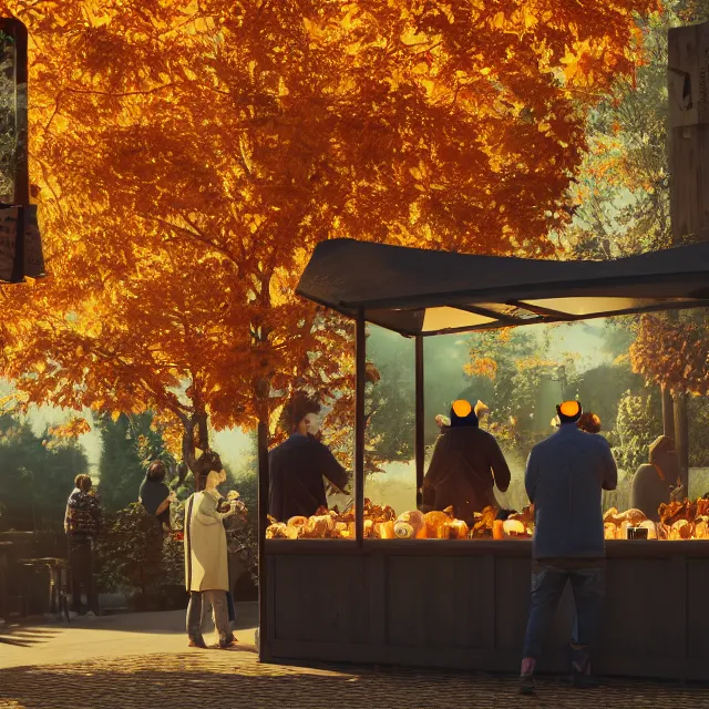 Image similar to pumpkin headed people ordering coffee at a coffee stand, maple trees with fall foliage, volumetric, realistic, cinematic lighting, ray tracing, unreal engine 5, octane render, hyper realistic, photo, 8 k